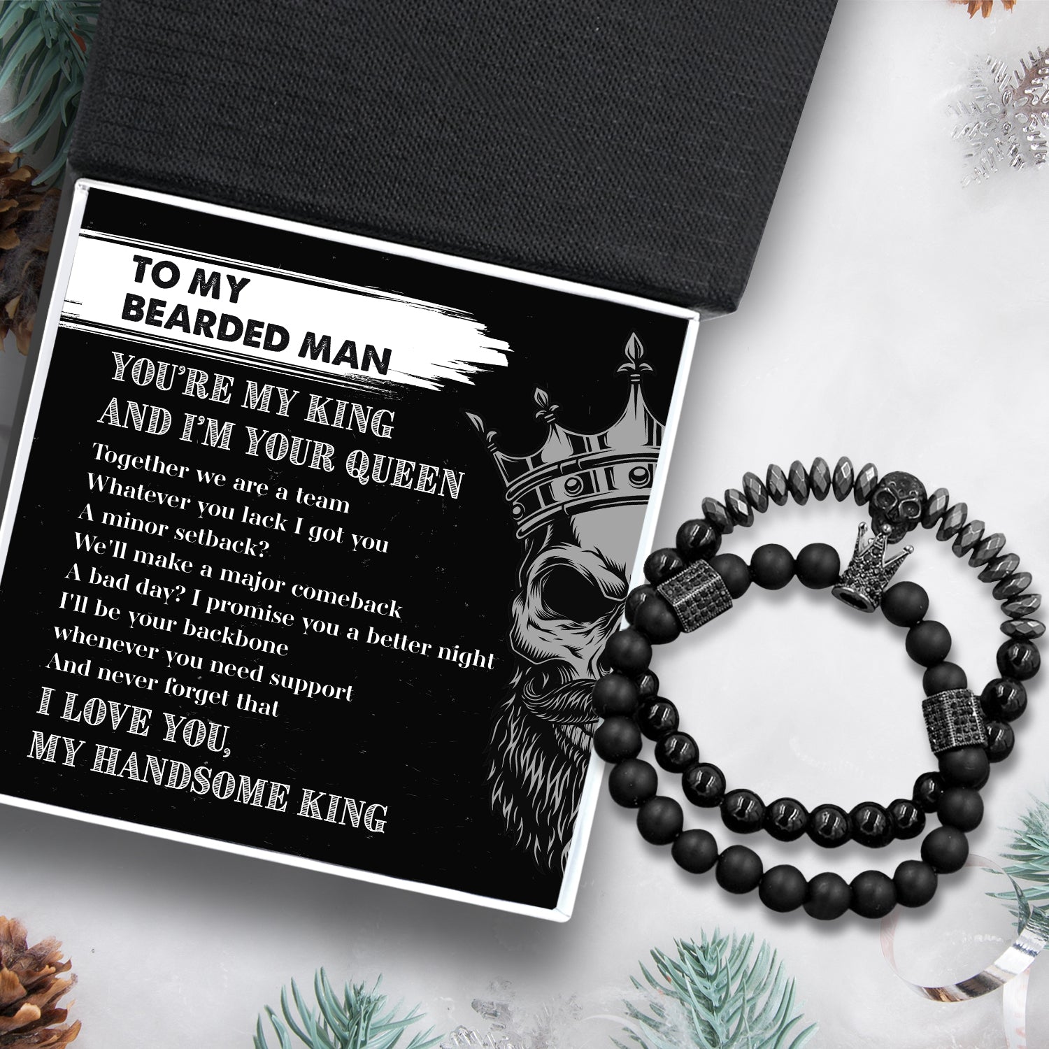 Couple Crown And Skull Bracelets - Beard - To My Bearded Man - I'll Be Your Backbone Whenever You Need Support - Ukgbu26007