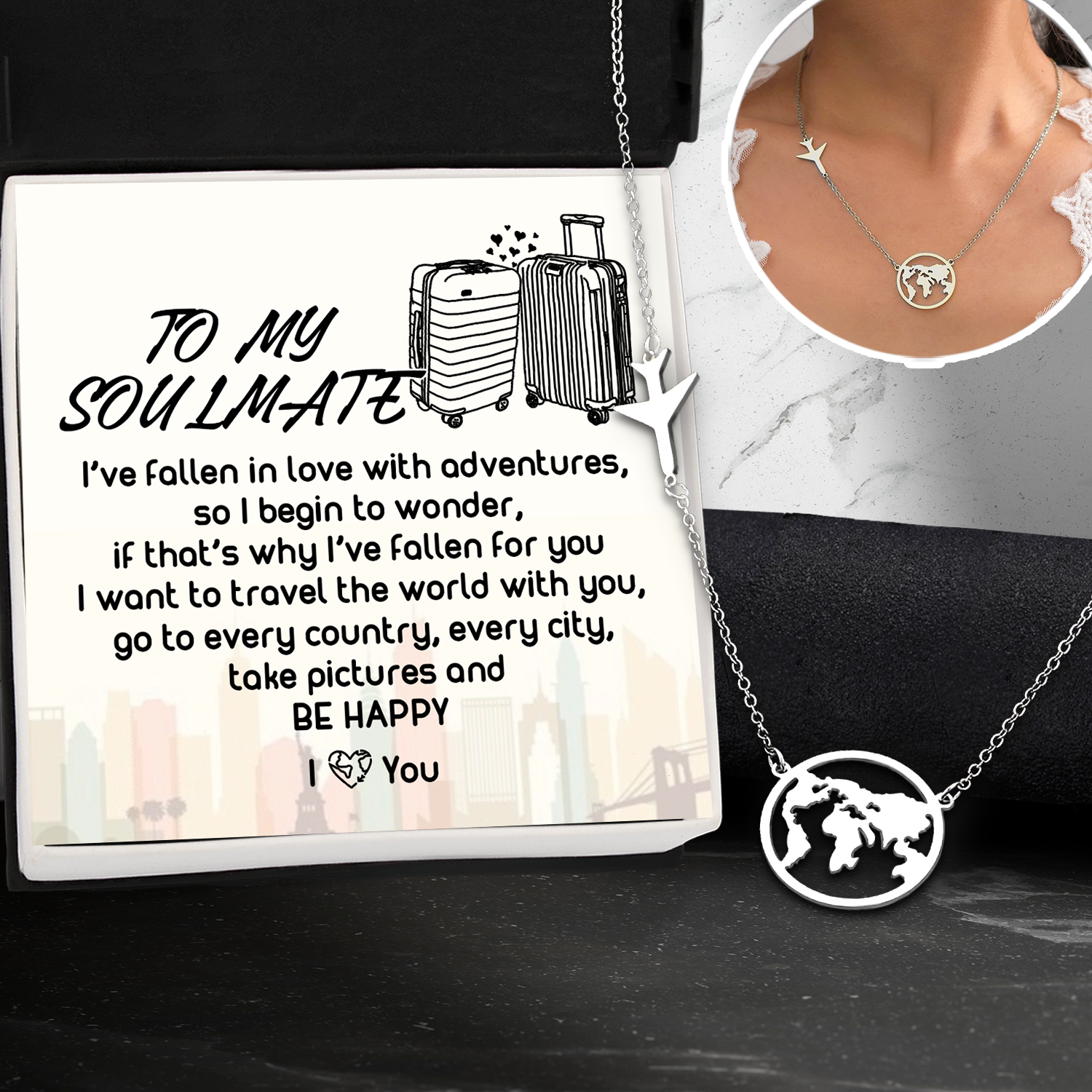 Airplane Globe Necklace - Travel - To My Soulmate - I Want To Travel The World With You - Ukgnnv13004