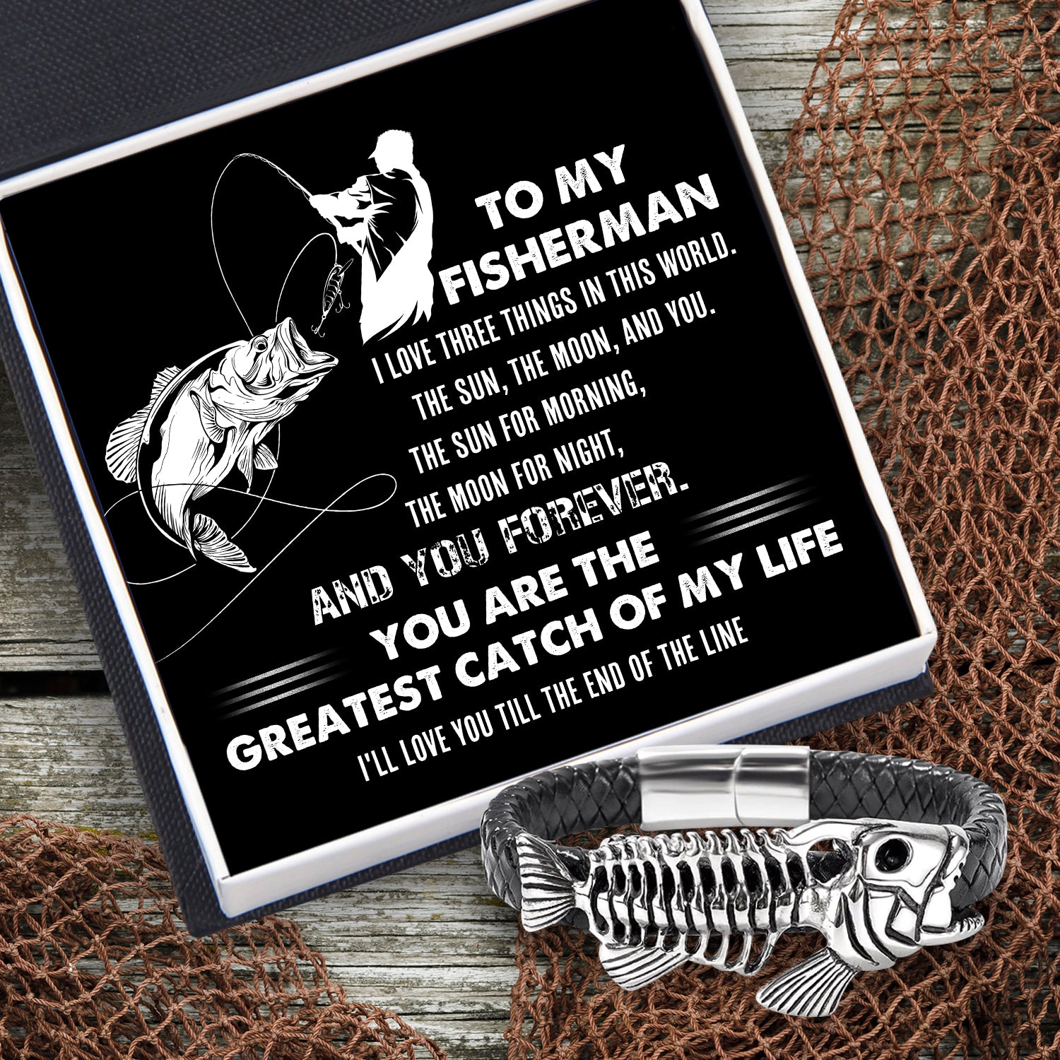 Black Leather Bracelet Fish Bone - Fishing - To My Fisherman - You Are The Greatest Catch Of My Life - Ukgbzr26003