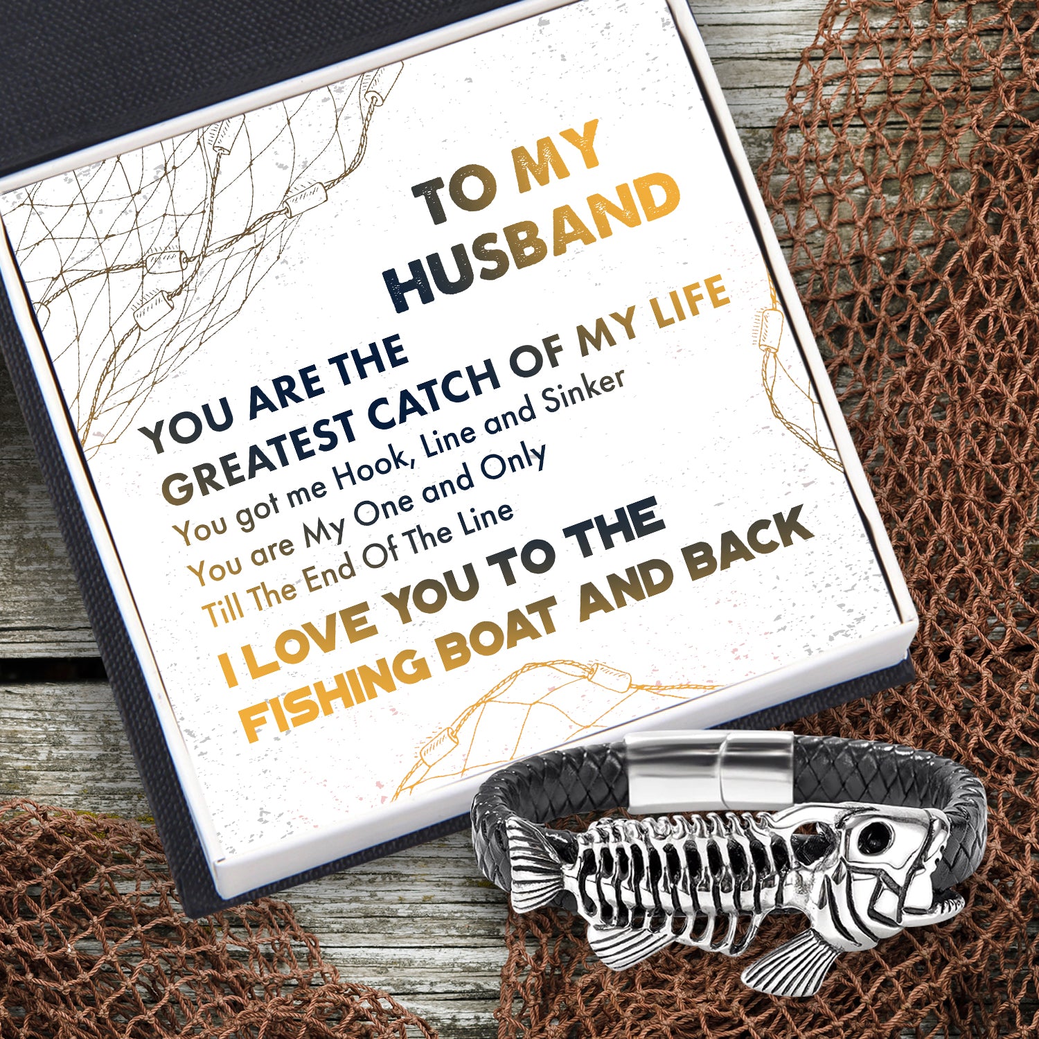 Black Leather Bracelet Fish Bone - Fishing - To My Husband - You Are My One and Only - Ukgbzr14001