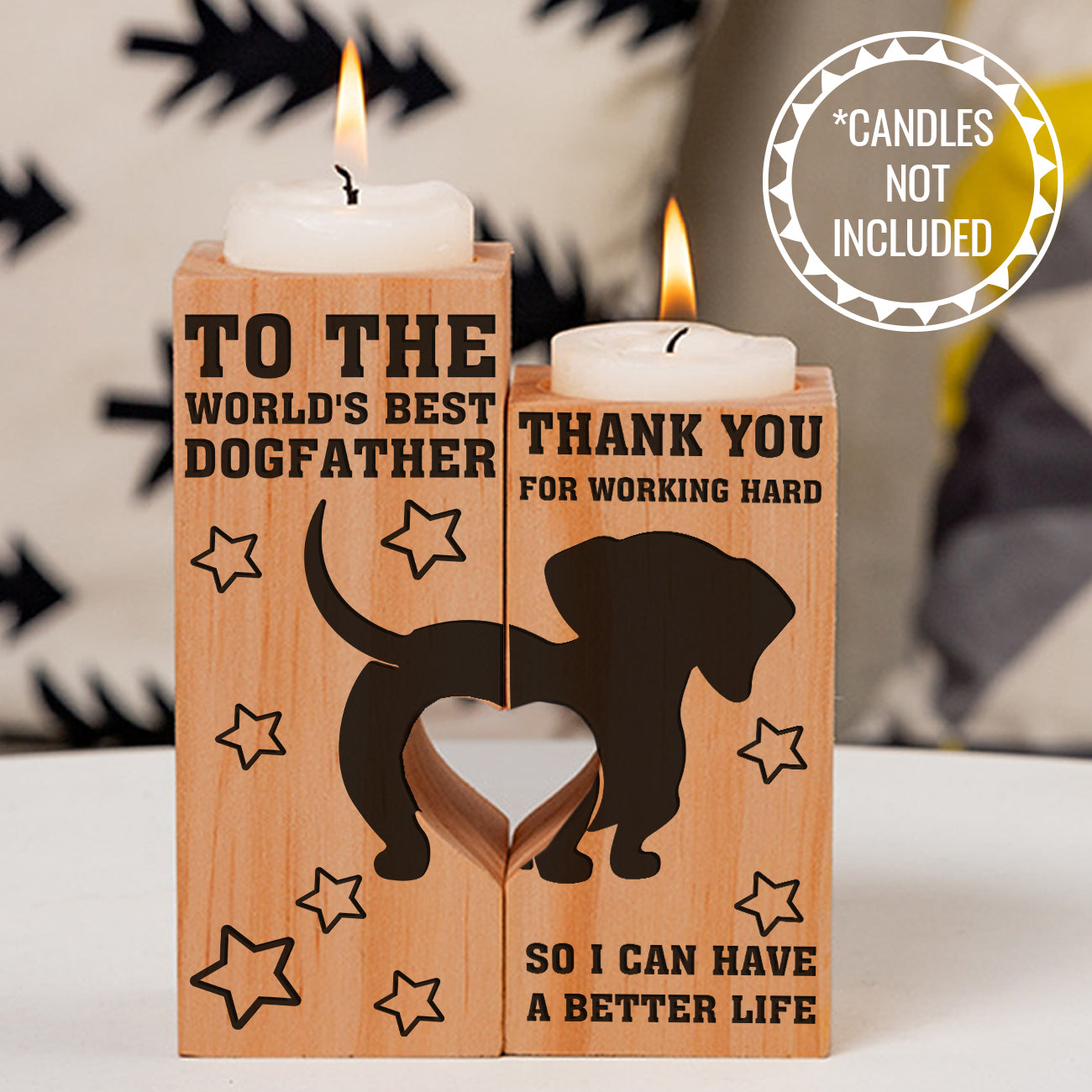 Wooden Heart Candle Holder - Dachshund - To My DogFather - To The World's Best Dogfather - Ukghb18002