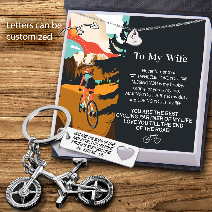 Personalised Heart Necklace Silver Bicycle Keychain Set - Cycling - To My Wife - Loving You - Ukgnfo15003