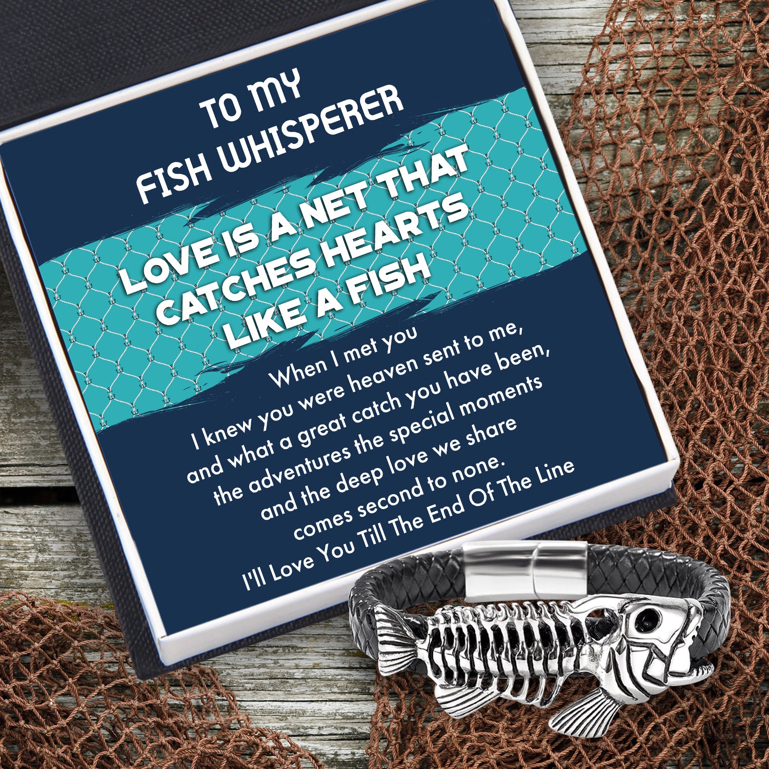 Black Leather Bracelet Fish Bone - Fishing - To My Husband - You