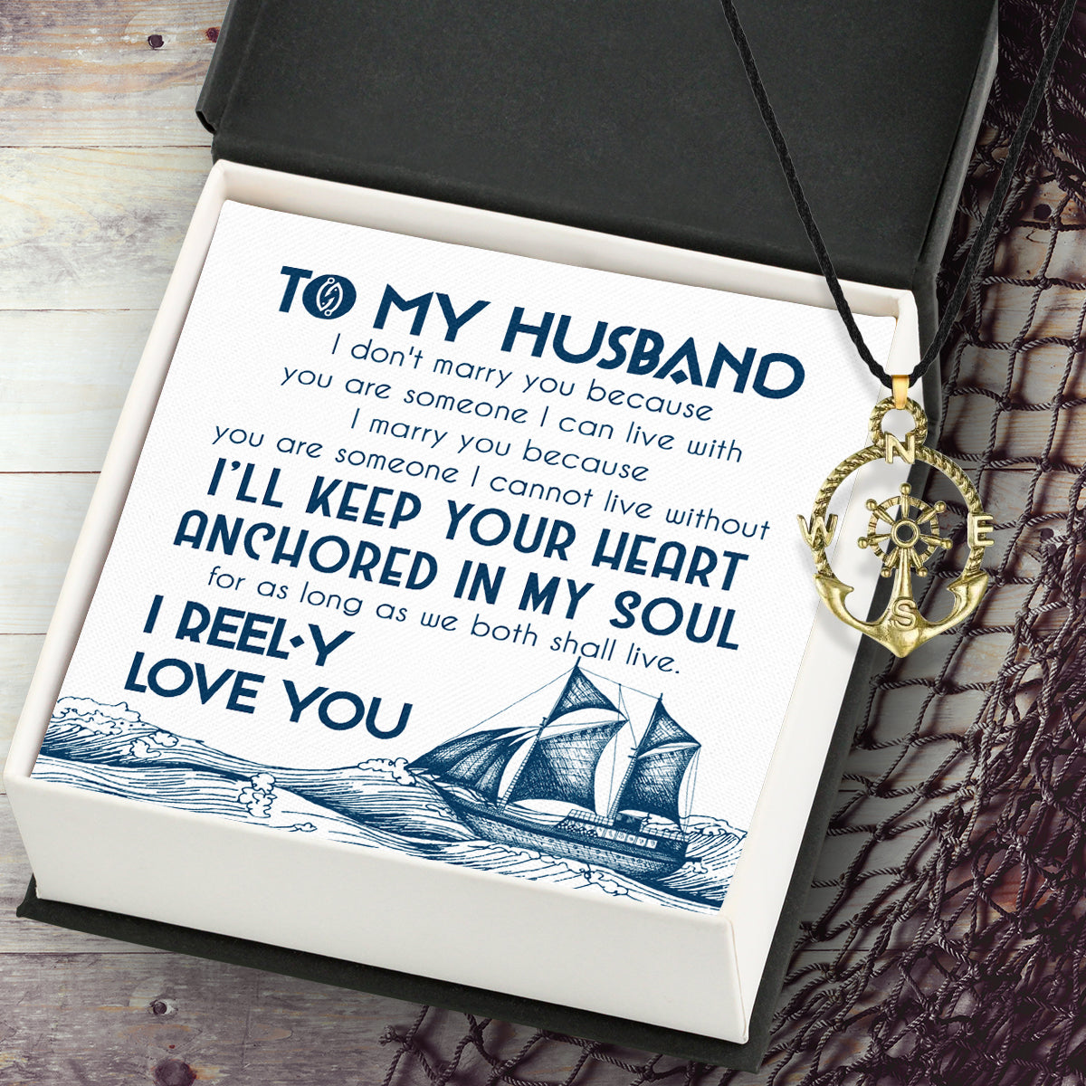 Vintage Anchor Compass Necklace - Fishing - To My Husband - I Reel-y Love You - Ukgnfx14005
