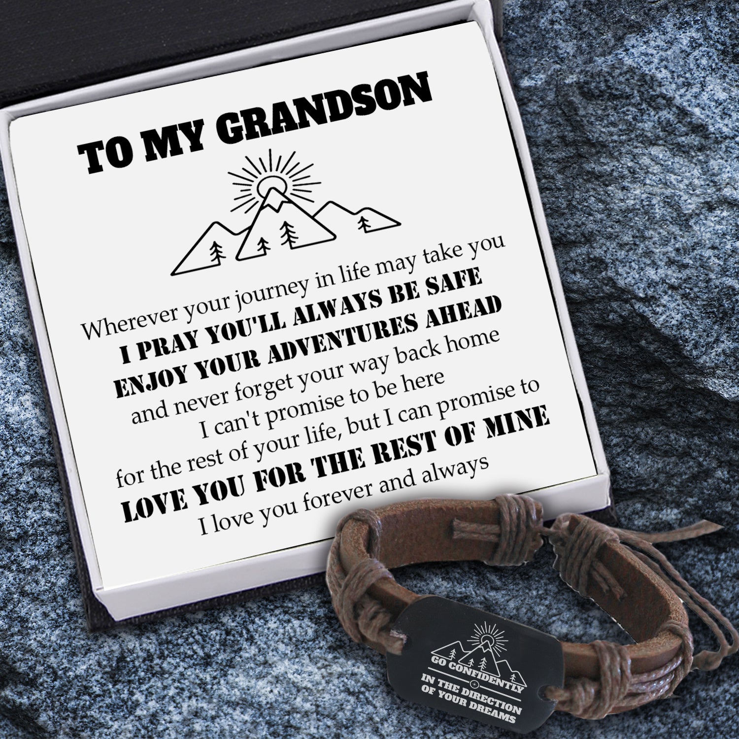 Leather Cord Bracelet - Travel - To My Grandson - Enjoy Your Adventures Ahead - Ukgbr22001