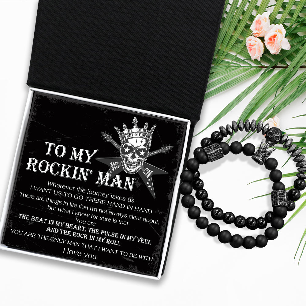 Couple Crown And Skull Bracelets - Guitar - To My Rockin' Man - You Are The Beat In My Heart - Ukgbu26008