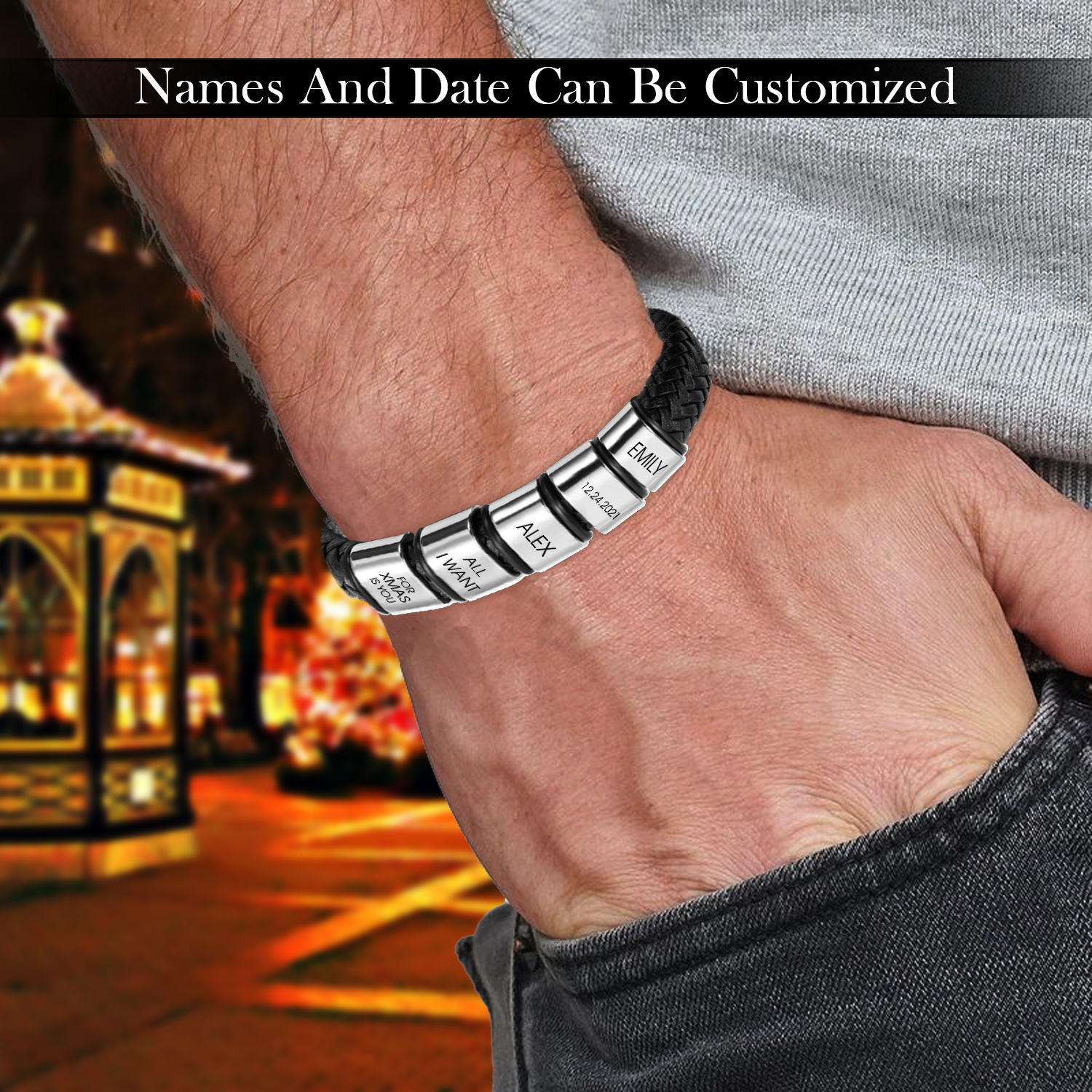 Name Stainless Steel Black Leather Bracelet