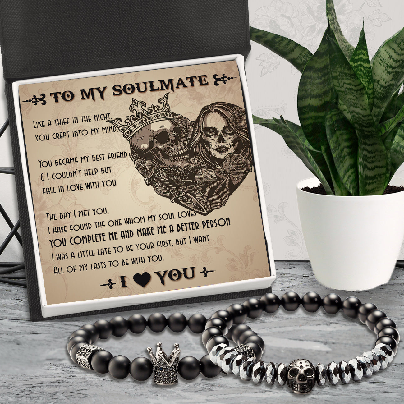 Couple Crown and Skull Bracelets - Skull & Tattoos - To Couple - I Love You - Ukgbu26002