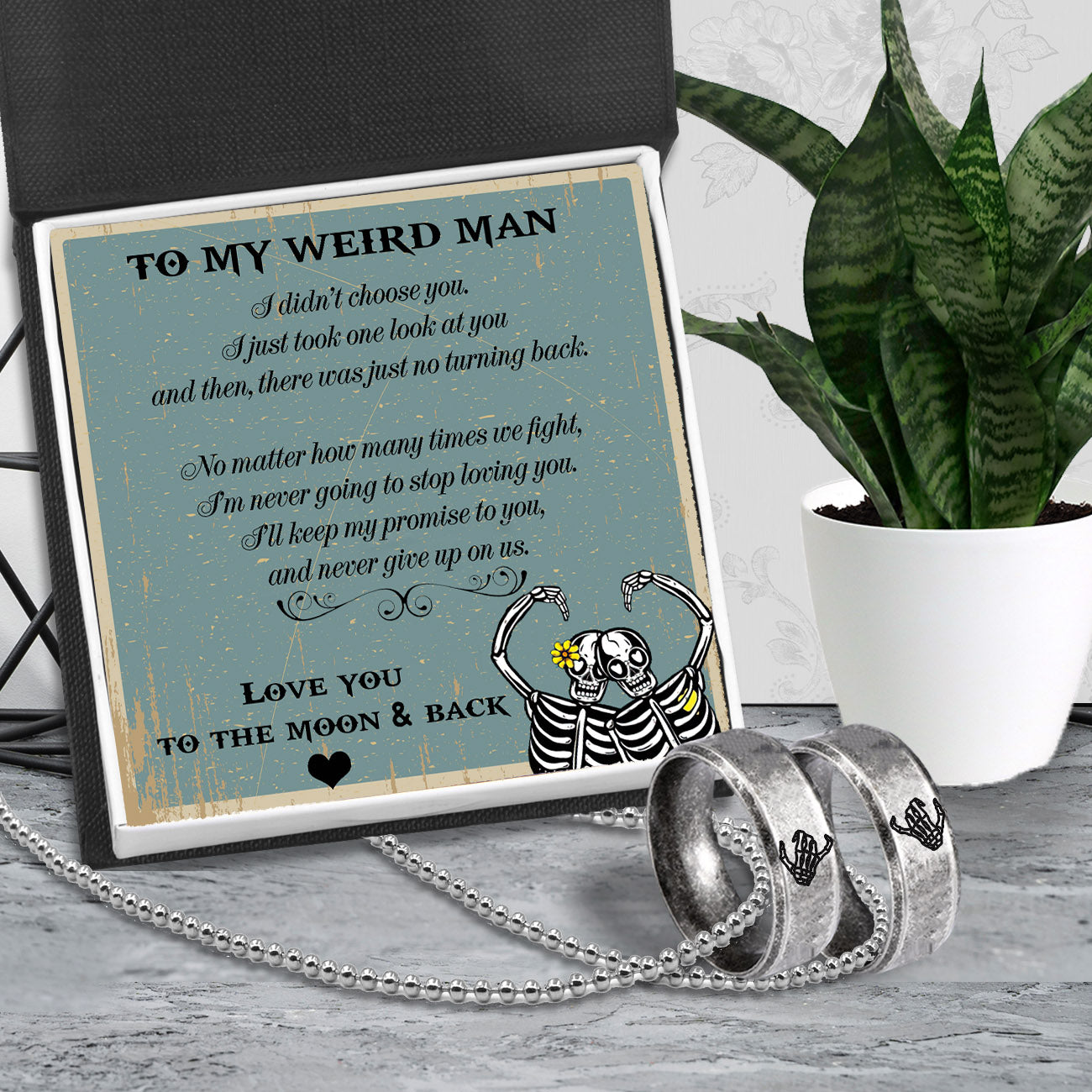 Skeleton Couple Ring Necklaces - Skull & Tattoo - To My Weird Man - Love You To The Moon & Back - Ukgndx26019
