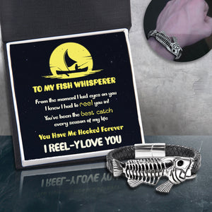 Black Leather Bracelet Fish Bone - Fishing - To My Fish Whisperer - You Have Me Hooked Forever - Ukgbzr26006