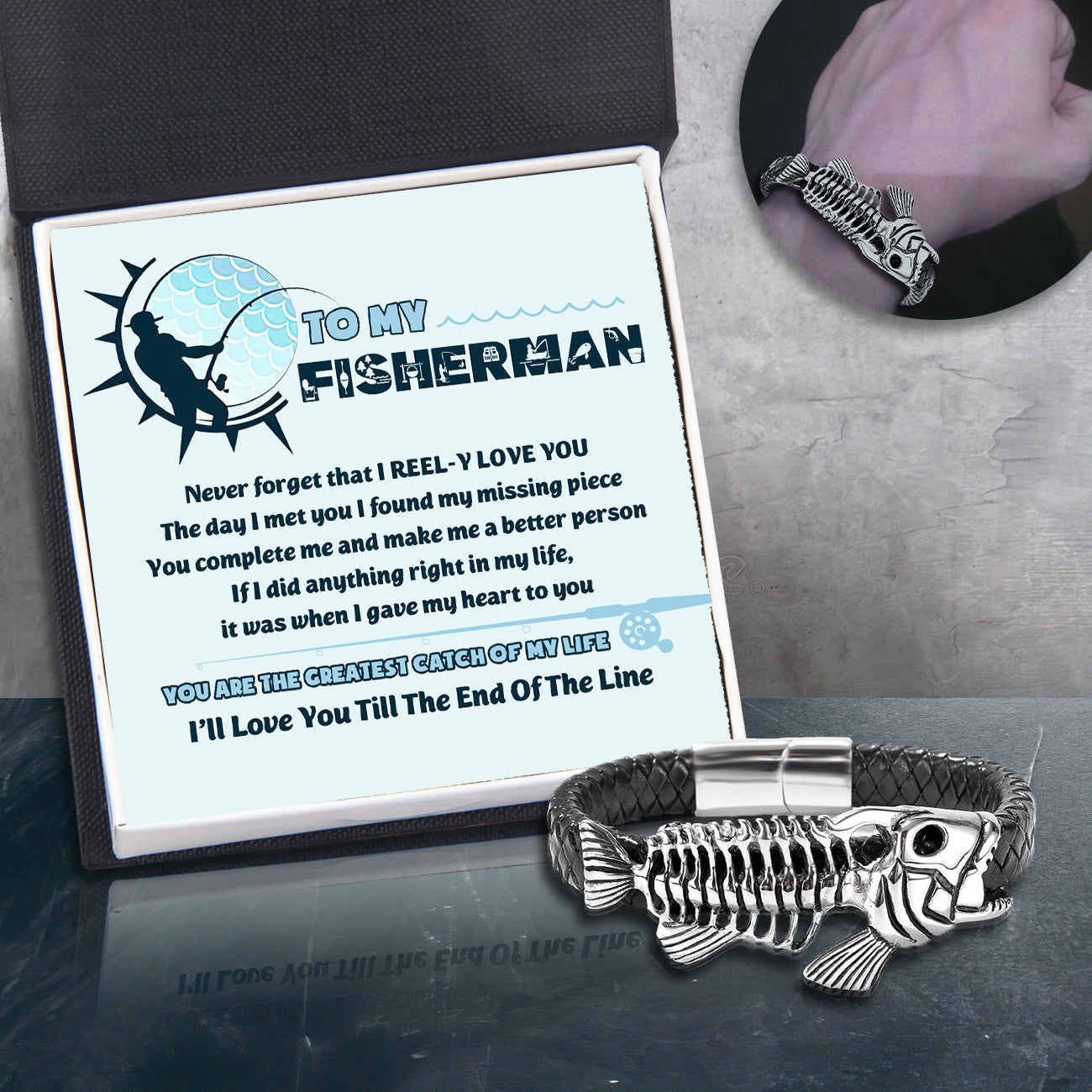 Black Leather Bracelet Fish Bone - Fishing - To My Fisherman - I Reel-y Love You - Ukgbzr26005