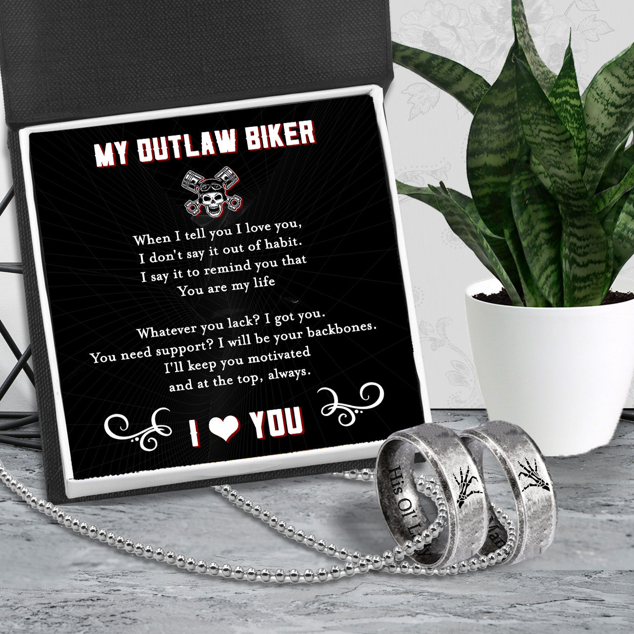 Couple Ring Necklaces - Skull & Biker - To My Outlaw Biker - I Love You - Ukgndx26010