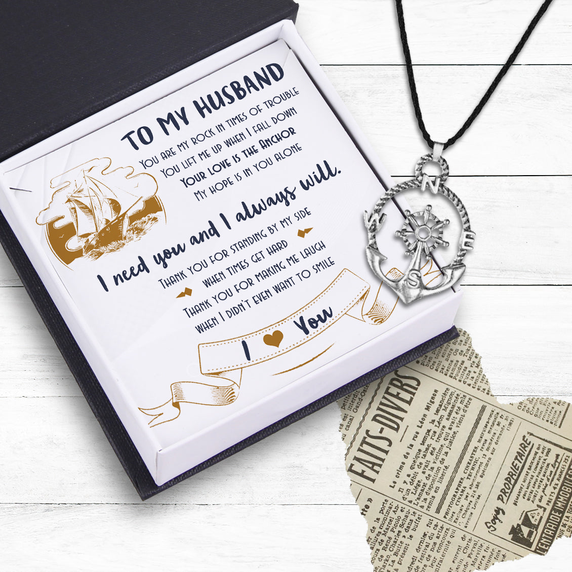 Vintage Anchor Compass Necklace - Skull - To My Husband - I Need You And I Always Will - Ukgnfx14004