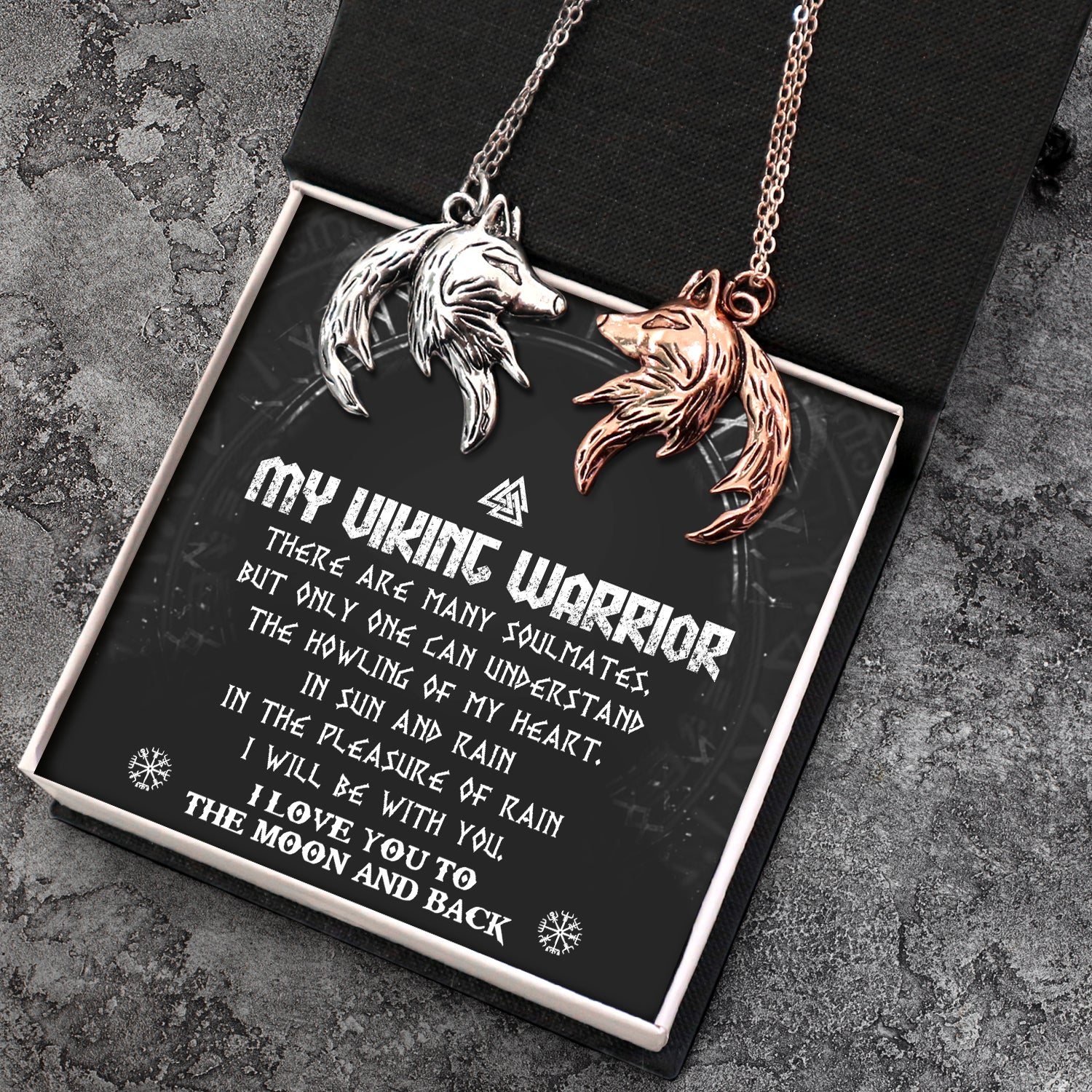 Couple Wolf Pendant Necklaces - Viking - My Viking Warrior - I Love You To The Moon And Back - Ukgnbd26003